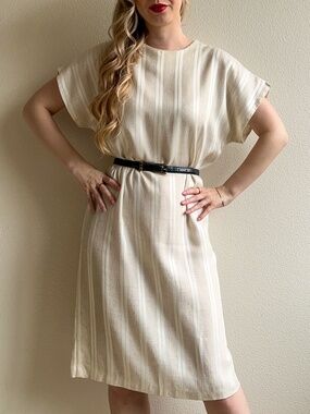 Vintage 1960s Ivory Striped Linen Shift Dress (M/L)